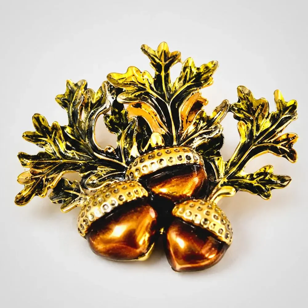 Vintage‎ Acorns and Branches Brooch Pin Enameled 1 7/8” Brown Green fb1-117